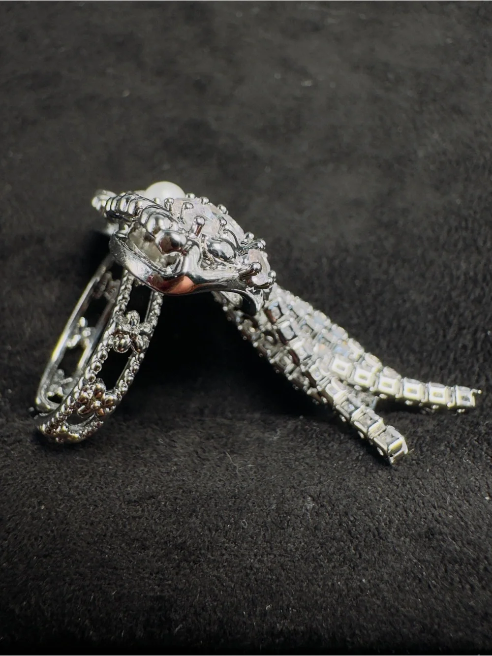 Silver-Tone Crystal & Pearl Fringe Ring - Sparkling White